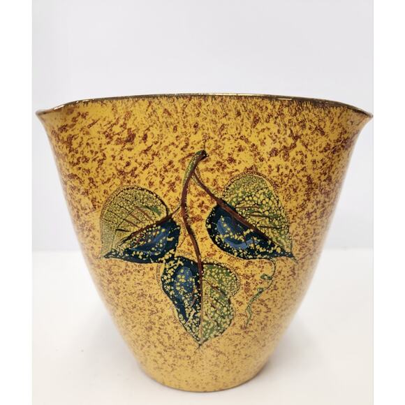 Vintage Italian Pottery Vase – Hand Painted Apple & Leaves – Speckled Yellow - Picture 3 of 8